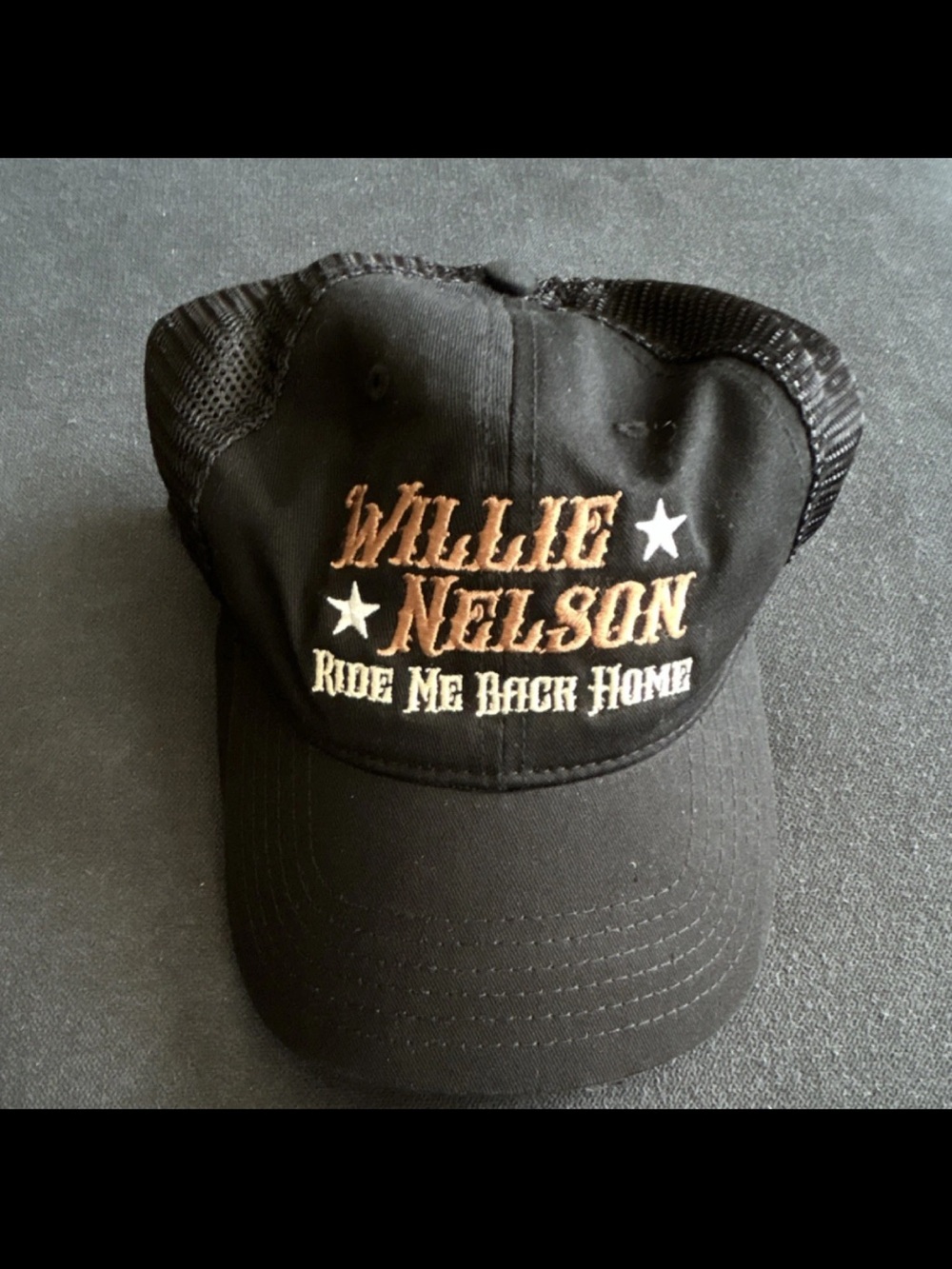 Willie Nelson "Ride Me Back Home" Black Mesh Trucker Hat